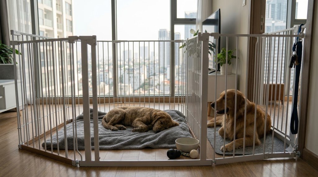 A young puppy resting comfortably inside an indoor exercise pen while an adult resident dog lies outside the gate