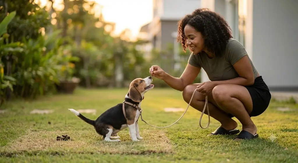 Crouched owner giving a treat to a puppy outside right after it finished eliminating