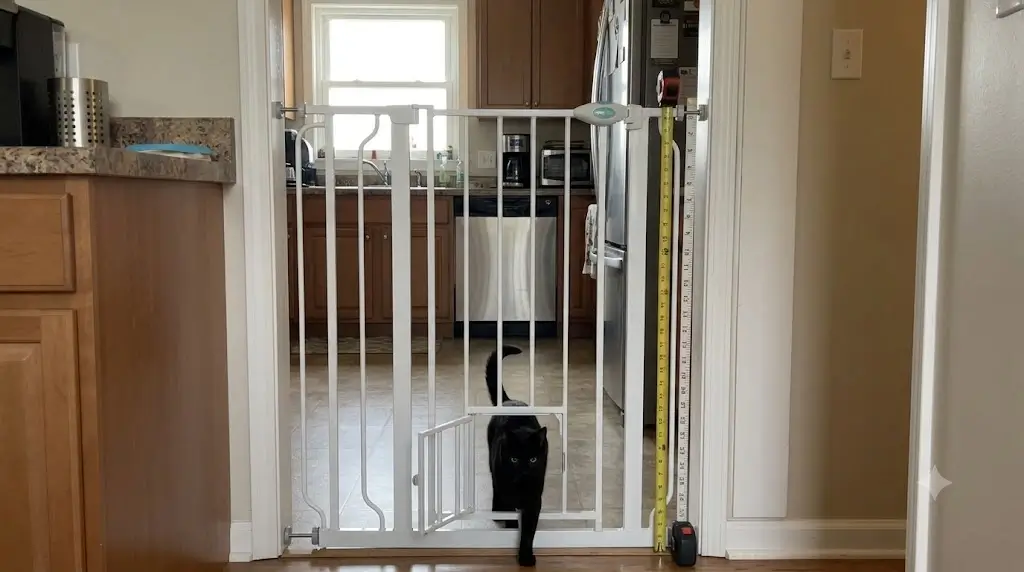 Carlson Extra Tall Pet Gate installed in a kitchen doorway showing 36-inch height and small pet door
