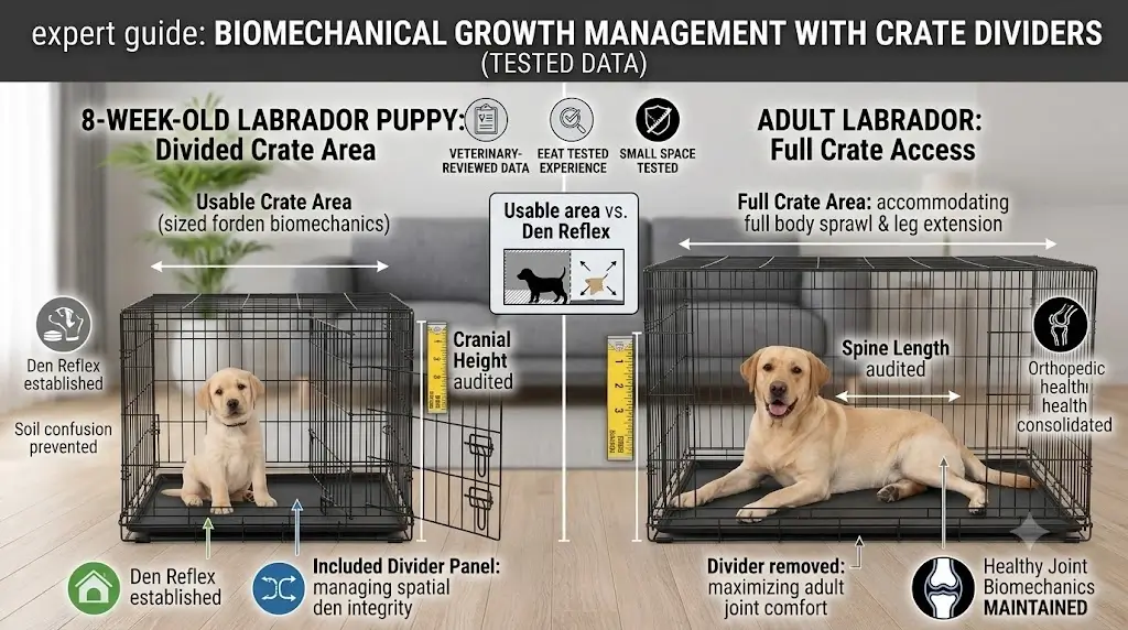 Diagram showing a Labrador Retriever puppy at 8 weeks using a small divided crate area, and the same dog as an adult using the full crate