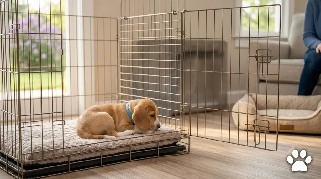 Wire dog crate properly adjusted with a divider panel for a small puppy