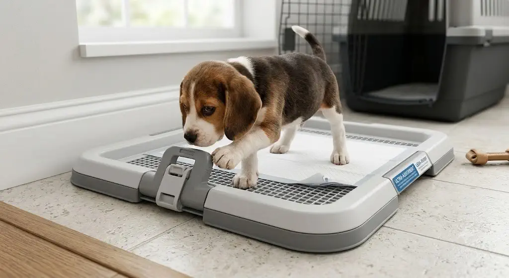 Protective puppy pad holder with locking corner frame to prevent puppy eats pee pads behavior