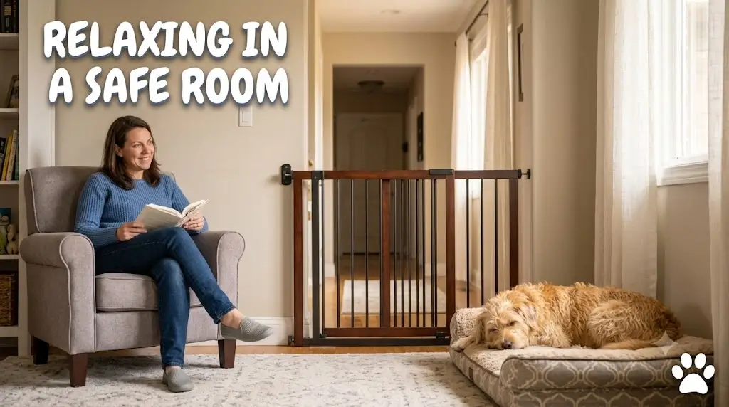 Adult dog relaxing in a supervised room partitioned with a sturdy indoor gate