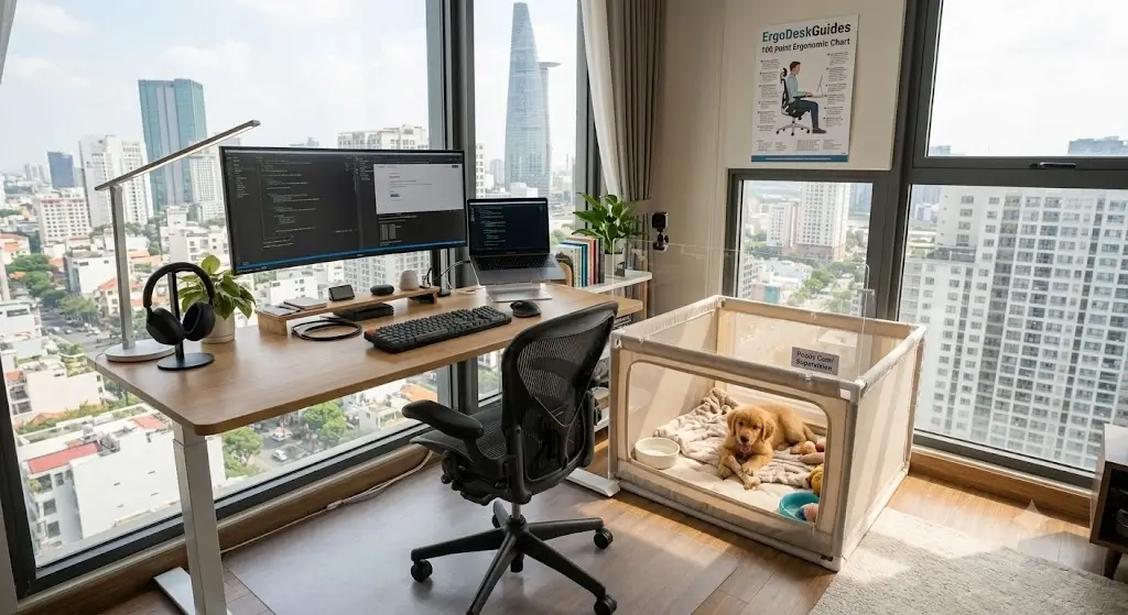 Organized home office with an ergonomic desk and a cozy puppy pen placed alongside for supervision