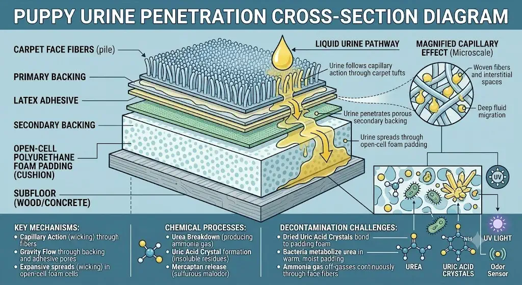 Cross-section diagram illustrating puppy urine penetration through carpet backing into foam padding