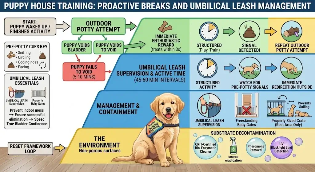 Workflow diagram showing proactive potty break intervals and umbilical supervision resets