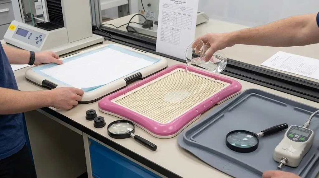 Laboratory testing puppy pad holders comparing snap-locking frames, raised plastic grates, silicone border containment, and anti-skid rubber feet