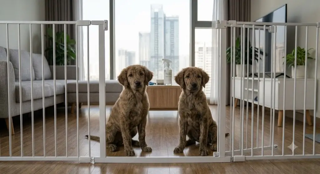Two young puppies sitting alertly together on a clean floor near indoor baby gates