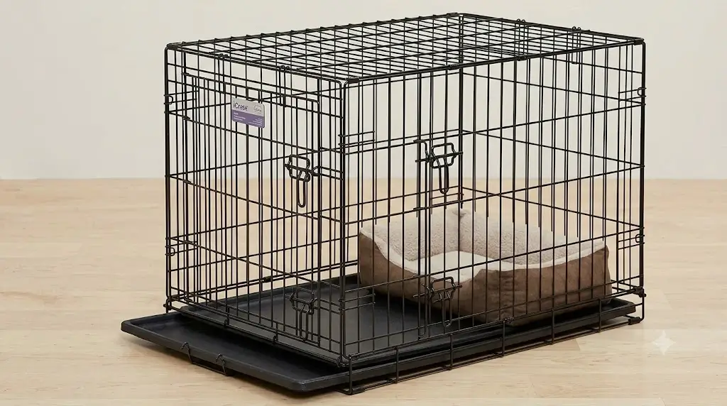 MidWest iCrate wire puppy crate showcasing electro-coated wire frame, dual slide-bolt latches, and removable plastic pan