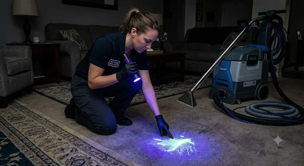 Using ultraviolet blacklight to map dog urine stains before operating carpet extractor