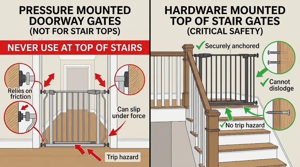 Diagram showing the critical safety difference between pressure mounted doorway gates and hardware mounted top of stair gates