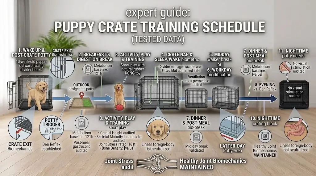 Puppy crate training schedule visual showing a structured day routine from morning potty to nighttime rest