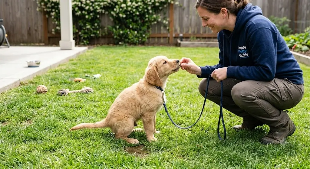 Dog trainer immediately rewarding a puppy with a treat on the grass after successful outdoor elimination