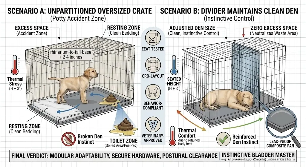 Diagram showing how an unpartitioned oversized crate creates an accident zone while a divider maintains a clean den