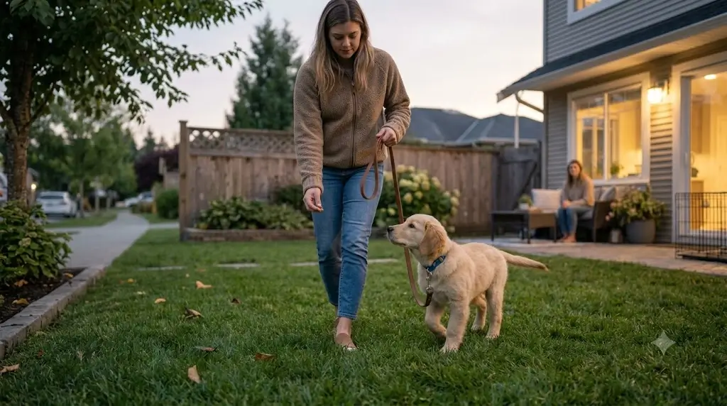 Dog trainer guiding a puppy on a leash in a quiet yard for outdoor potty training