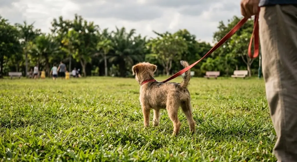 Scruffy puppy standing on a leash in the grass, looking away from the camera