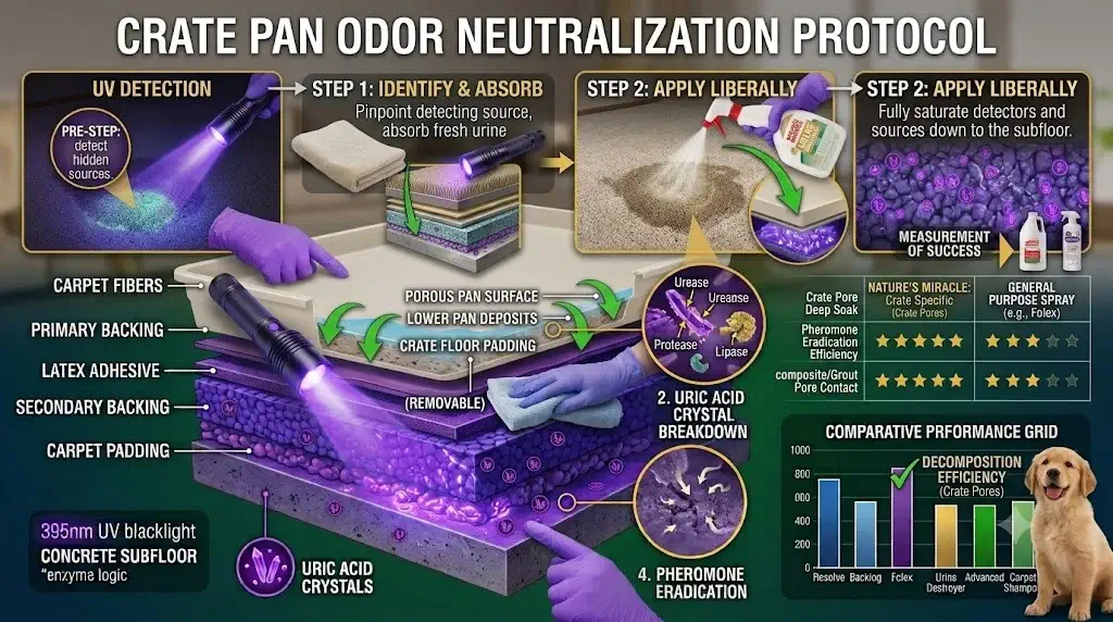 Cleaning puppy crate pan with specialized odor neutralizer spray