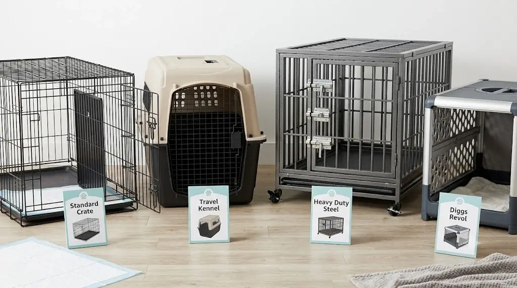 Comparison lineup of the best puppy crates including wire crates with dividers, plastic travel kennels, and heavy duty steel crates