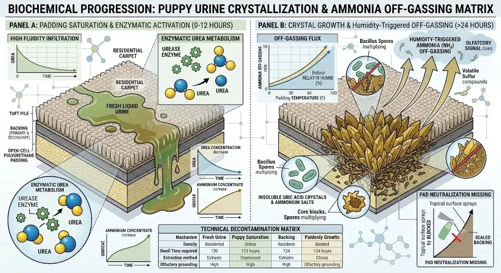 Biochemical process of puppy urine crystallization and ammonia off-gassing