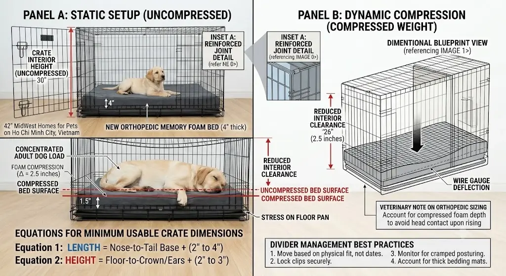 Orthopedic dog bed inside a wire crate showing vertical clearance reduction under compressed weight