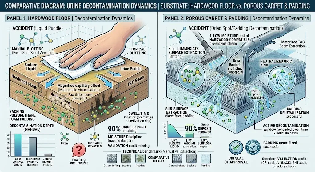 Comparison diagram of urine decontamination dynamics on hardwood floors versus porous carpet padding