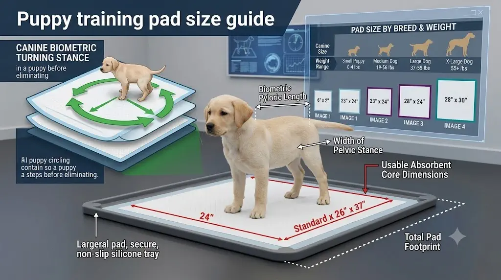 Puppy training pad size guide comparing canine biometric turning stance and usable absorbent core dimensions