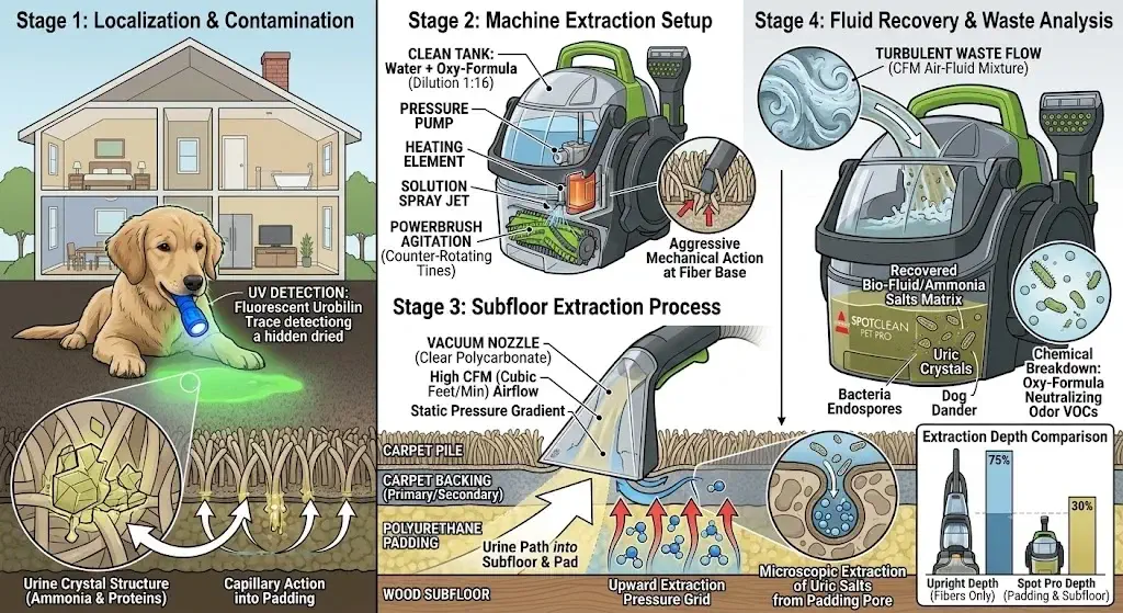 Diagram of carpet cleaner machine extracting dog urine from carpet fibers and padding
