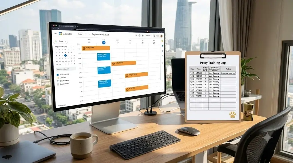 Digital calendar and printed potty log on a desk showing scheduled puppy toilet breaks alongside remote work meetings