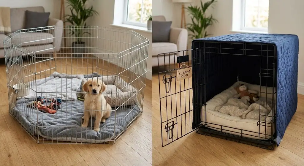 Side-by-side view of a wire puppy playpen with bedding and a comfortable sleeping crate setup