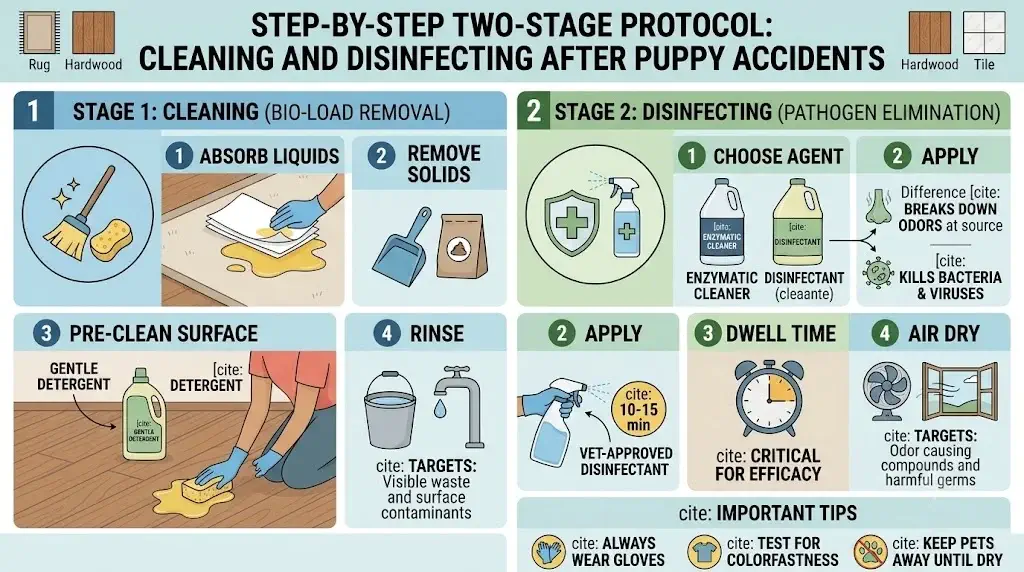 Step-by-step two-stage protocol for cleaning and disinfecting after puppy accidents