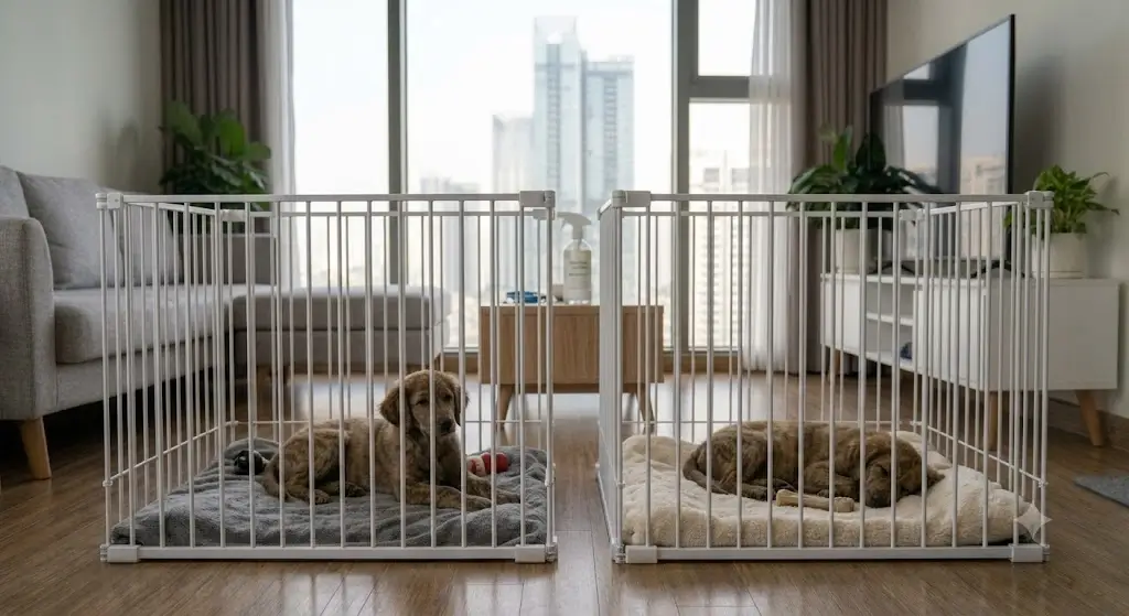 Two individual puppy crates placed side by side in a living room with comfortable bedding