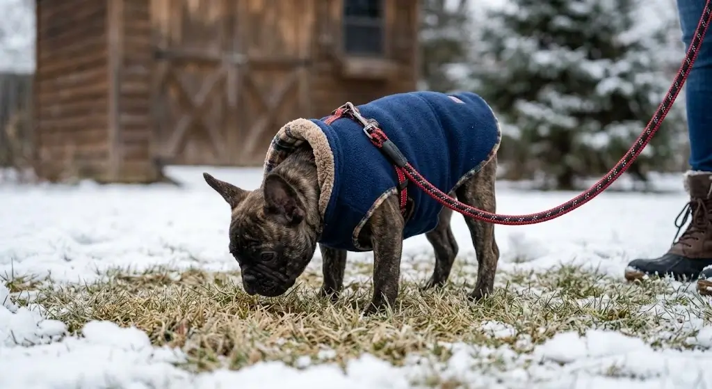 French Bulldog puppy wearing an insulated winter fleece coat and leash during an outdoor potty break