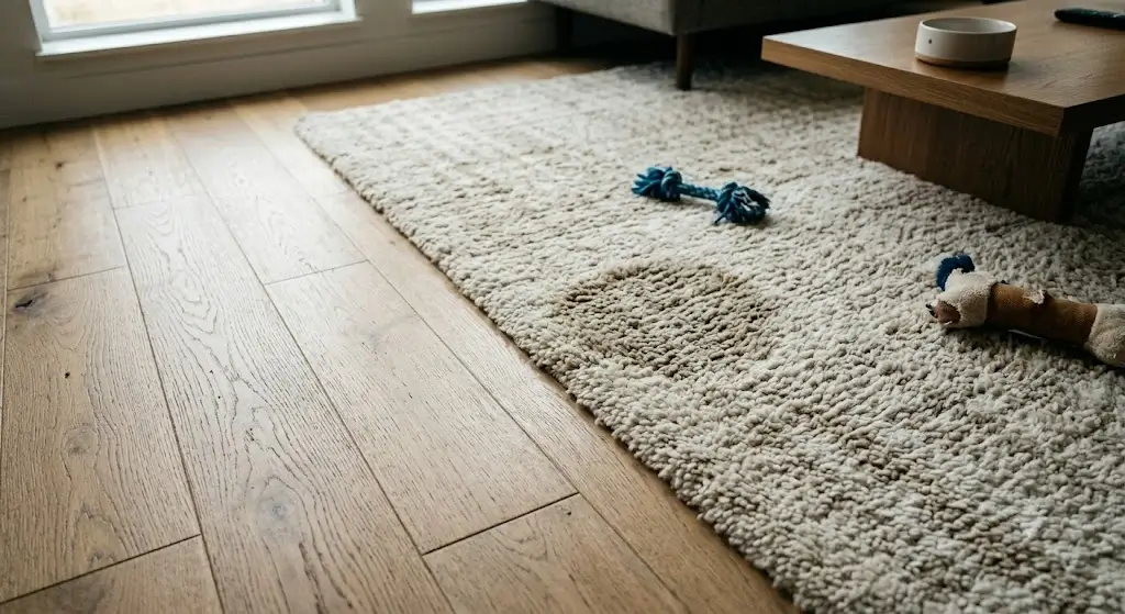 Hardwood living room floor transitioning to an absorbent plush area rug where puppy accidents happen
