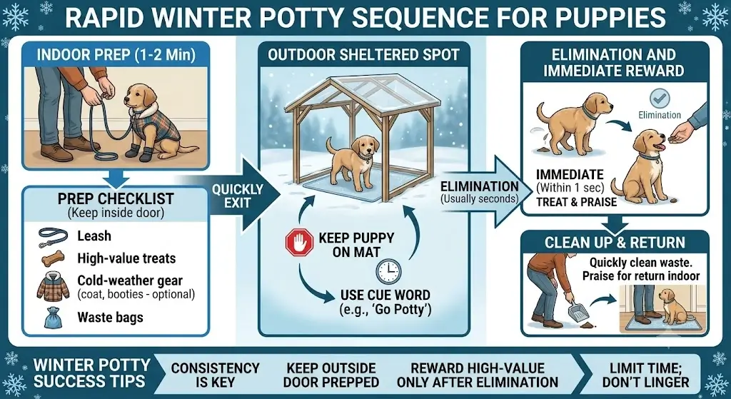 Flowchart showing the rapid winter potty sequence from indoor leash prep to elimination and immediate reward