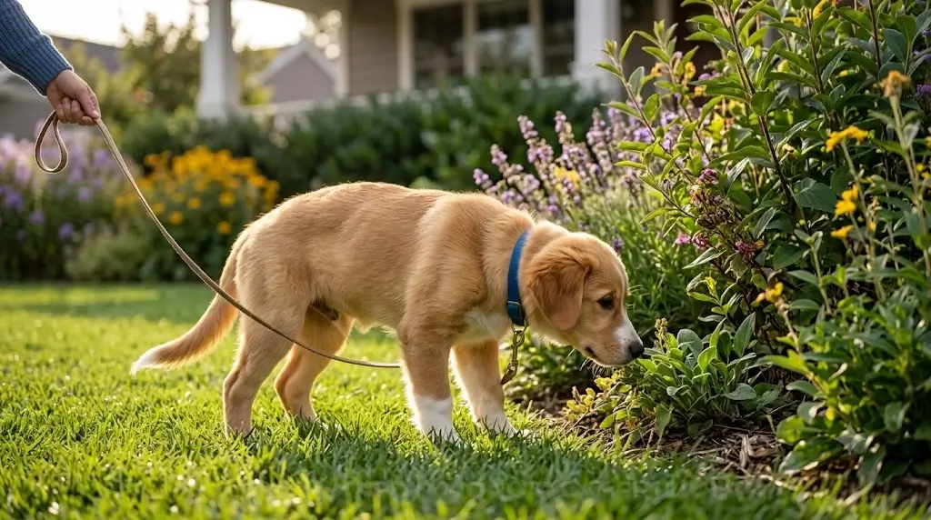 Curious puppy exploring outdoor greenery instead of focusing on potty time