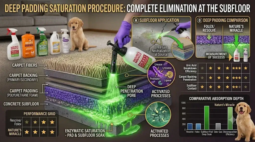 Applying bio-enzymatic puppy odor eliminator to deep carpet padding