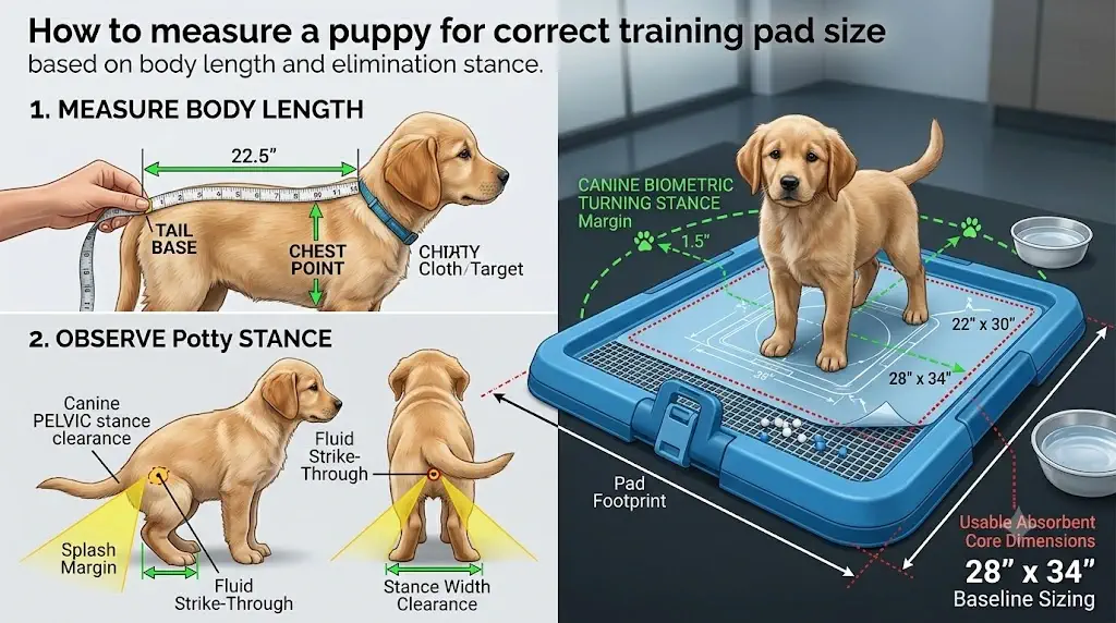 How to measure a puppy for correct training pad size based on body length and elimination stance