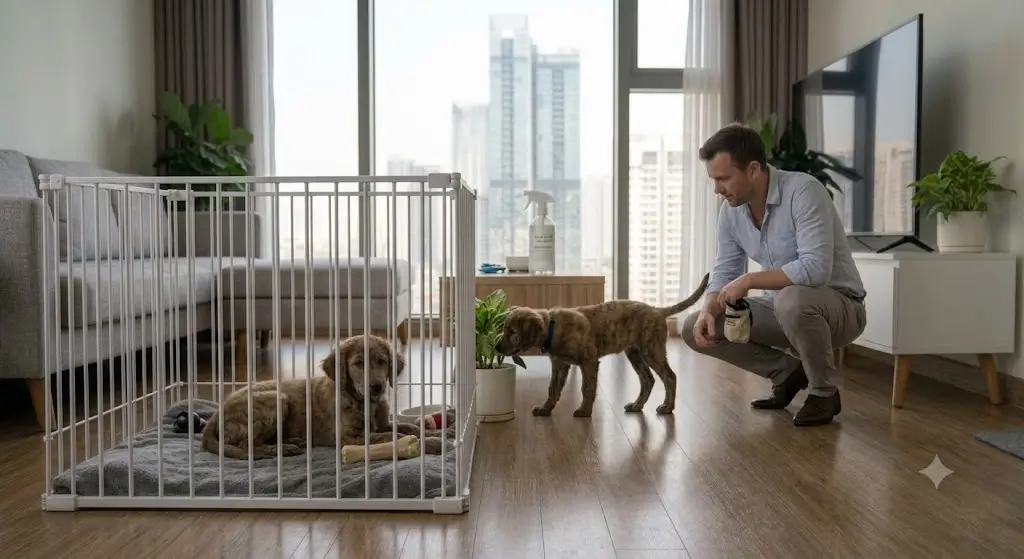 One puppy calmly exploring a living room under supervision while the second puppy rests inside an exercise pen