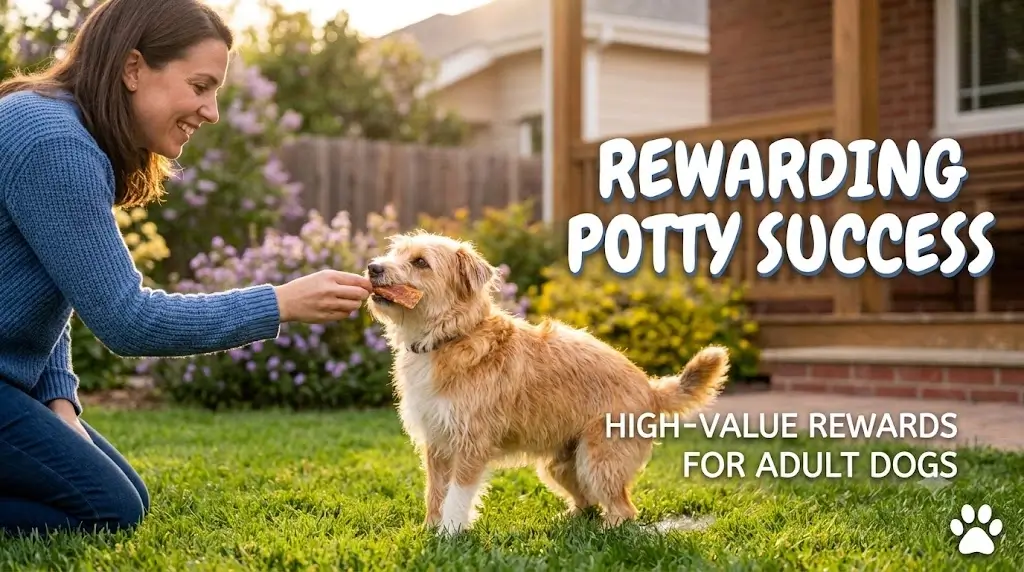 Dog owner giving an adult dog a tasty treat reward outside on the grass