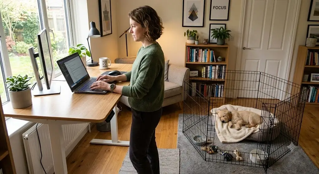 Remote worker at a standing desk typing on a laptop with a calm puppy resting in a secure playpen nearby
