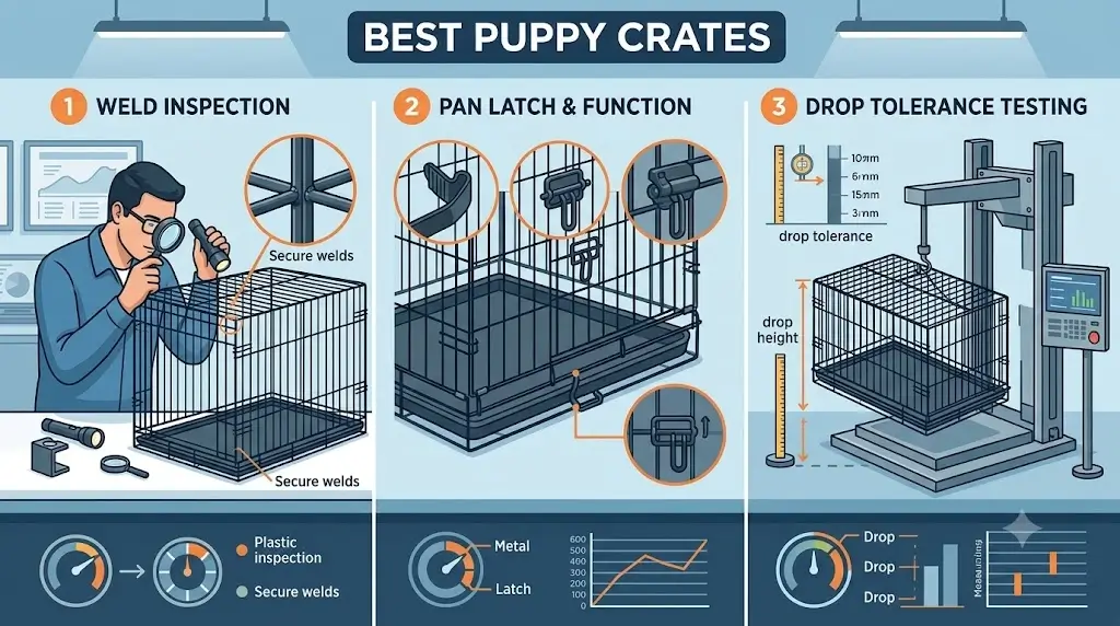 Inspection of wire crate welds, pan latches, and drop tolerance testing for the best puppy crates