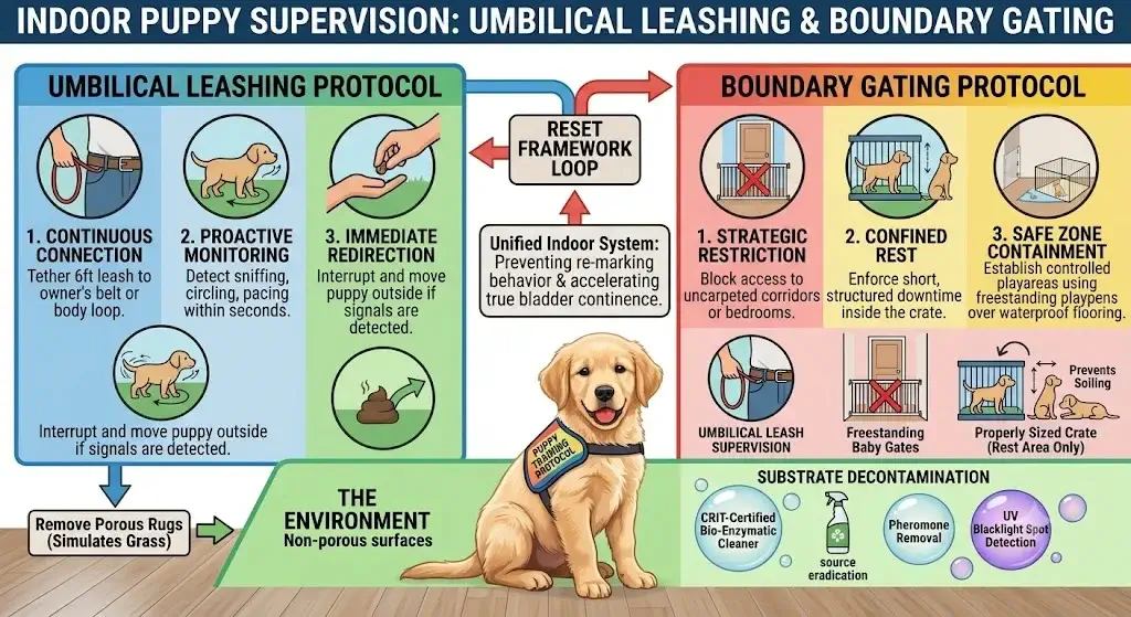 Diagram showing indoor umbilical leashing and boundary gating protocols to prevent repeat accidents