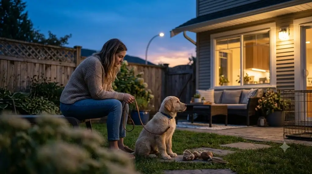 Dog owner waiting patiently with a puppy on a leash in the backyard at dusk