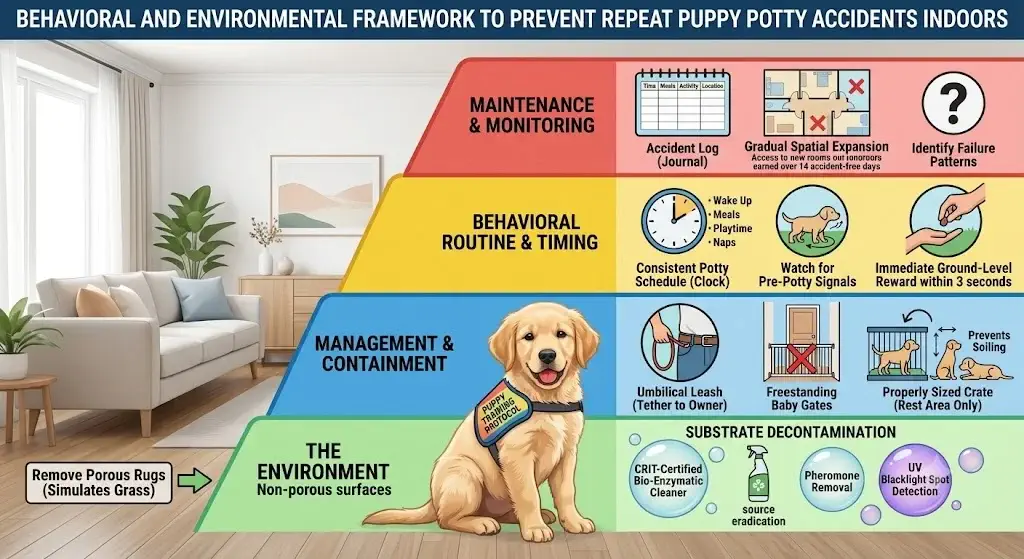 Behavioral and environmental framework to prevent repeat puppy potty accidents indoors
