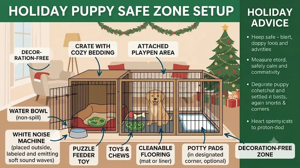 Diagram showing a holiday puppy safe zone setup with crate, playpen, white noise, and puzzle feeder