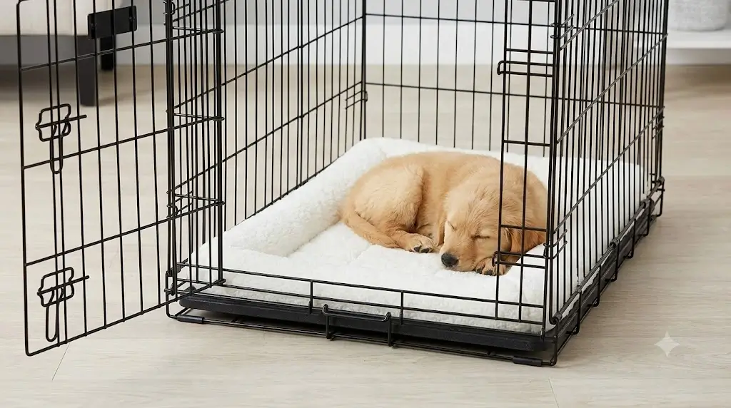 MidWest QuietTime Fleece Crate Mat laying flat inside an open wire puppy crate