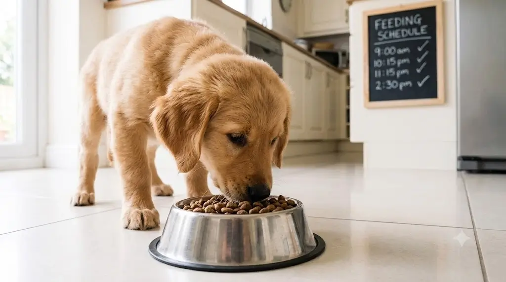 Puppy eating a scheduled meal from a food bowl on a clean kitchen floor