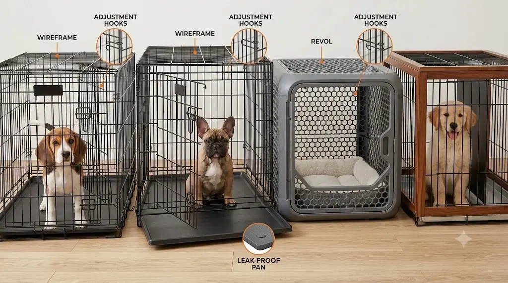 Comparison lineup of the best puppy crates with dividers showing wire frames, adjustment hooks, and leak-proof pans