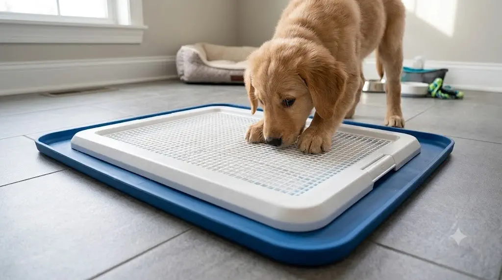 Silicone puppy pad tray preventing tearing and chewing when puppy eats pee pads
