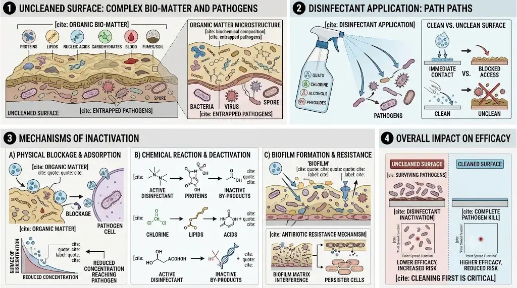 Biochemical diagram illustrating how organic bio-matter deactivates chemical disinfectants on uncleaned surfaces